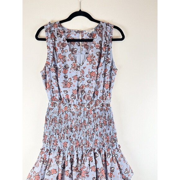 Current Air Dress Blue Smocked Waist Floral Mini V Neck Trumpet Boho Size Small - Picture 7 of 11